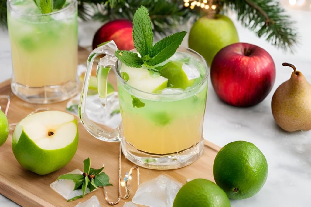 Kalėdiniai gėrimai iš obuolių ir kriaušių sulčių. Žiemos mojito